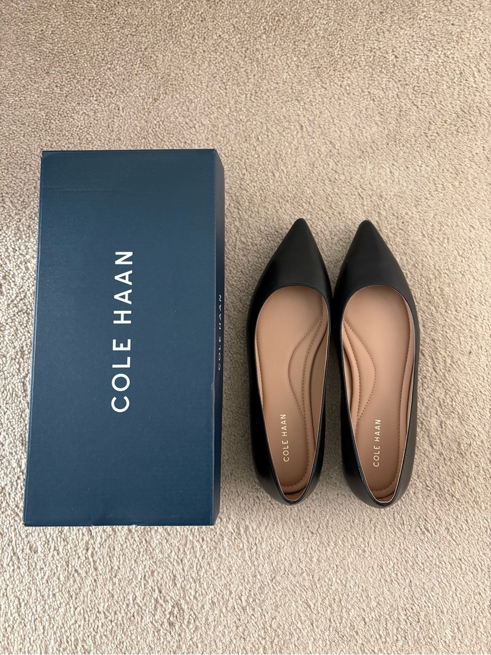 Cole Haan Black Pointed-Toe Leather Flats with Tan Insole